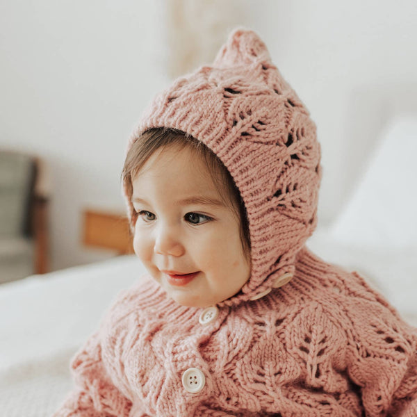 Leaf Lace Hand Knit Bonnet Rosy Pink Baby & Kids