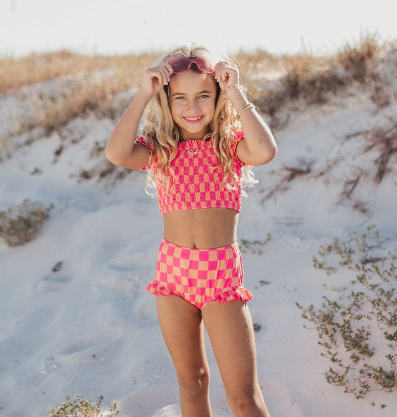 Kids Hot Pink & Tangerine Check Ruched 2 Piece Swimsuit