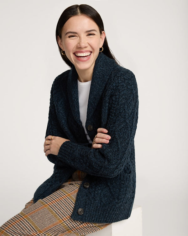 WOMEN'S FISHERMAN CARDIGAN - INDIGO HEATHER