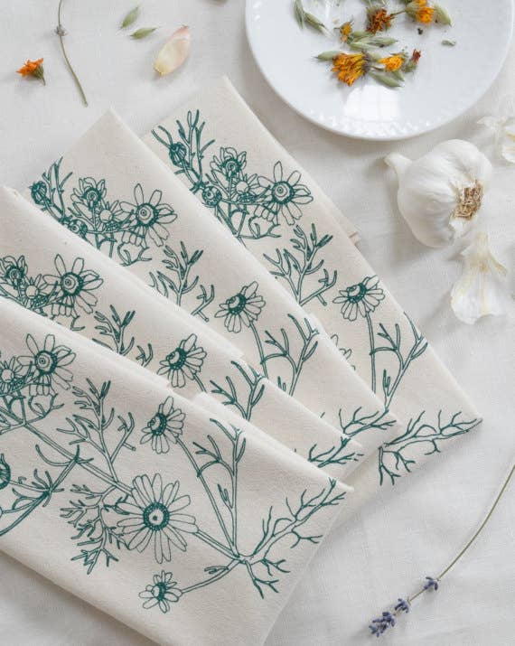 Organic Cotton Napkins - Chamomile in Green - Set of 4
