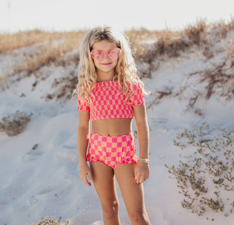 Kids Hot Pink & Tangerine Check Ruched 2 Piece Swimsuit