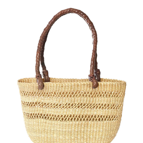 Natural Lace Weave Tote With Chocolate Brown Leather Handles