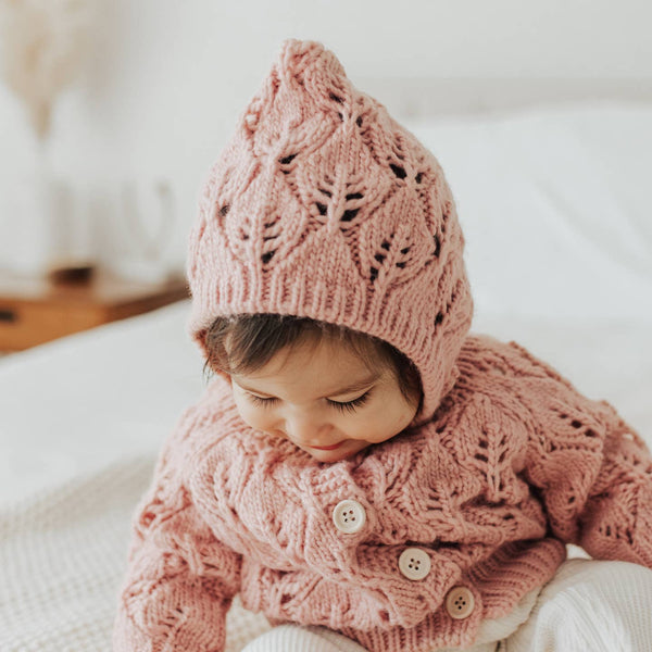 Leaf Lace Hand Knit Bonnet Rosy Pink Baby & Kids