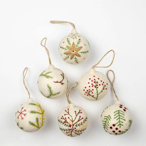 Holiday Felt Ball Hand Embroidered White Assorted Ornament