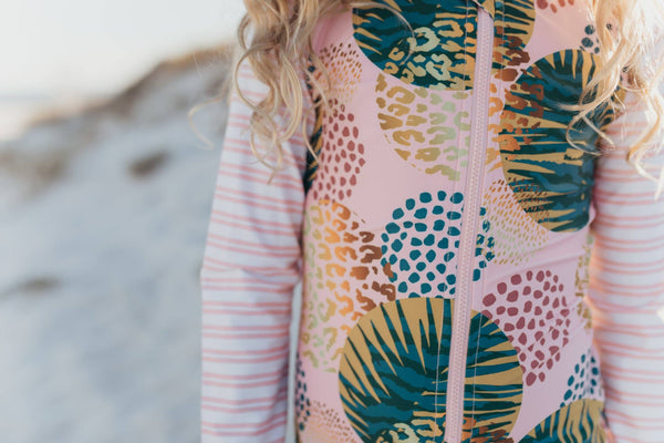 Kids Pink Green Palm Leaf Zip Rash Guard One Piece Swimsuit