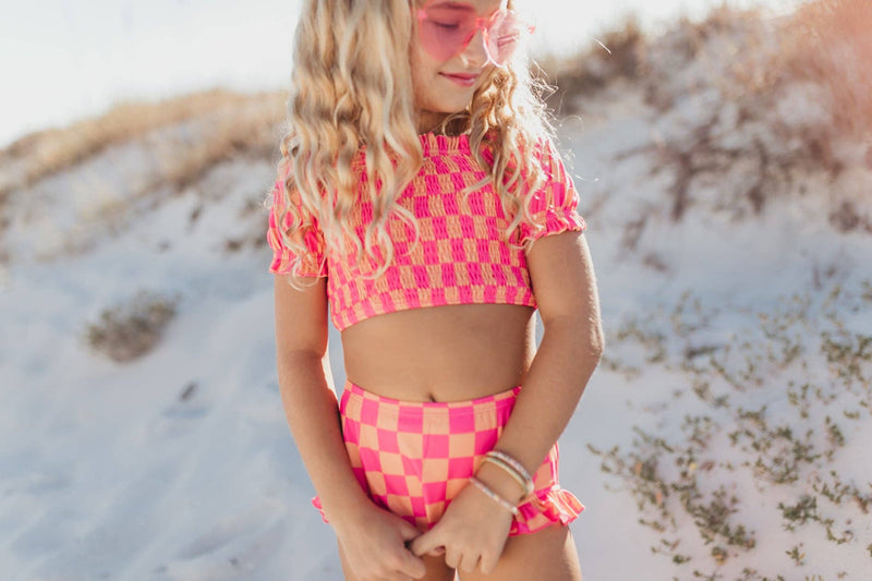 Kids Hot Pink & Tangerine Check Ruched 2 Piece Swimsuit