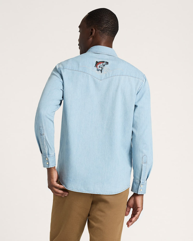MEN'S SALMON EMBROIDERED DENIM GAMBLER SHIRT