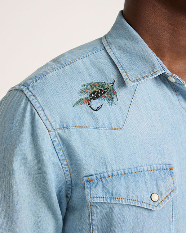 MEN'S SALMON EMBROIDERED DENIM GAMBLER SHIRT