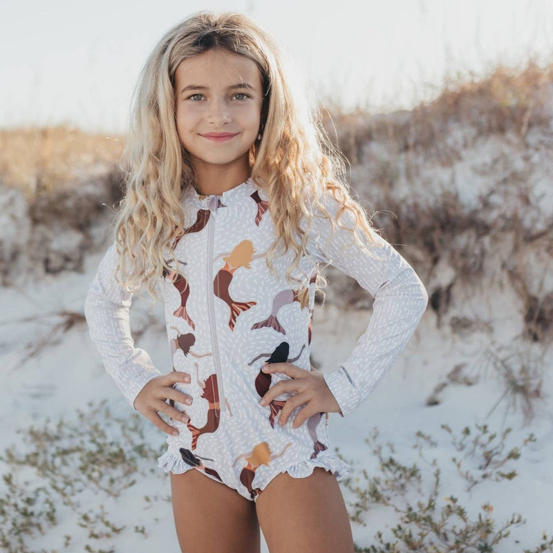 Kids White & Brown Mermaid Zip Rash Guard One Piece Swimsuit
