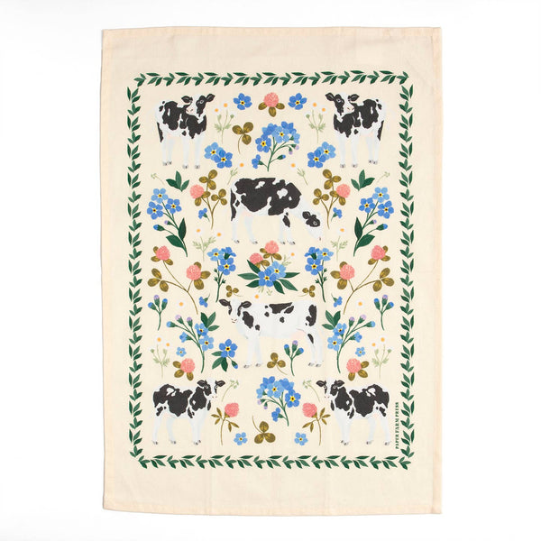 Milk Cows Folk Floral Tea Towel
