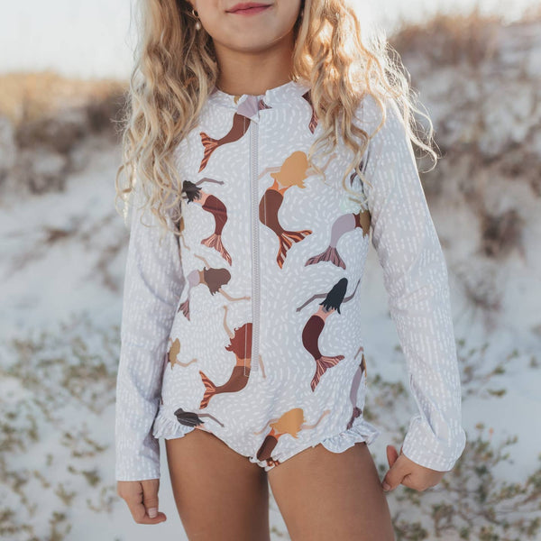 Kids White & Brown Mermaid Zip Rash Guard One Piece Swimsuit