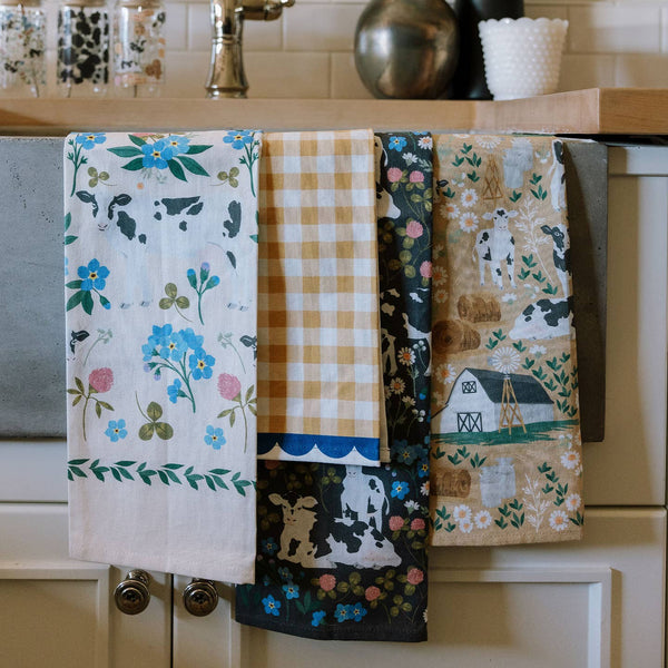 Milk Cows Folk Floral Tea Towel