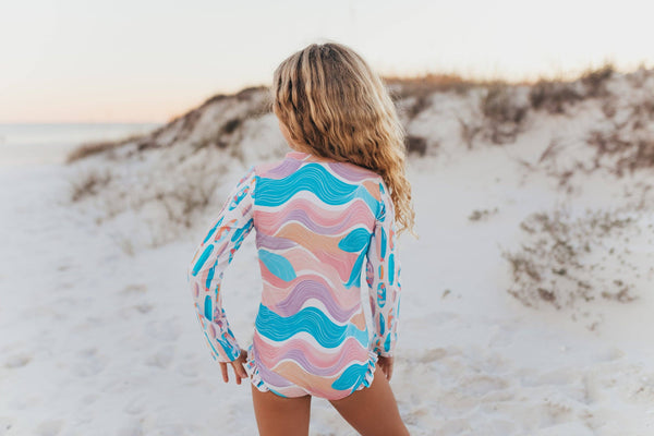 Kids Surf Wave Zip Rash Guard One Piece Swimsuit