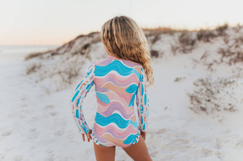 Kids Surf Wave Zip Rash Guard One Piece Swimsuit