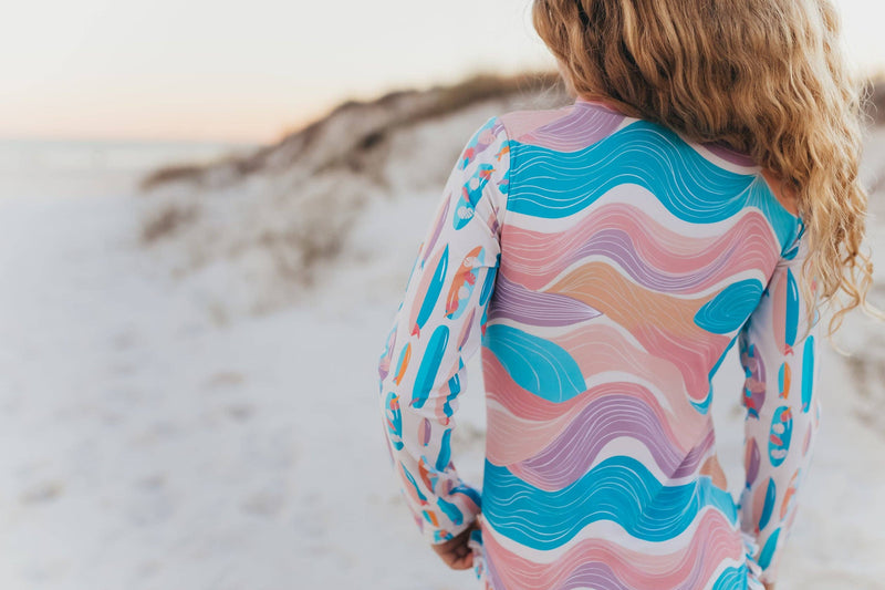 Kids Surf Wave Zip Rash Guard One Piece Swimsuit