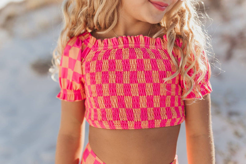 Kids Hot Pink & Tangerine Check Ruched 2 Piece Swimsuit