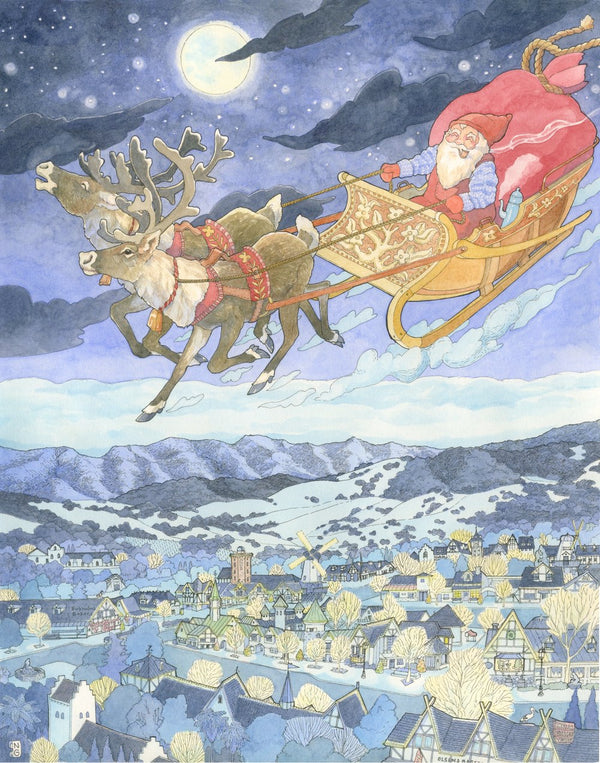 Santa Over Solvang Card by Natalie Groves