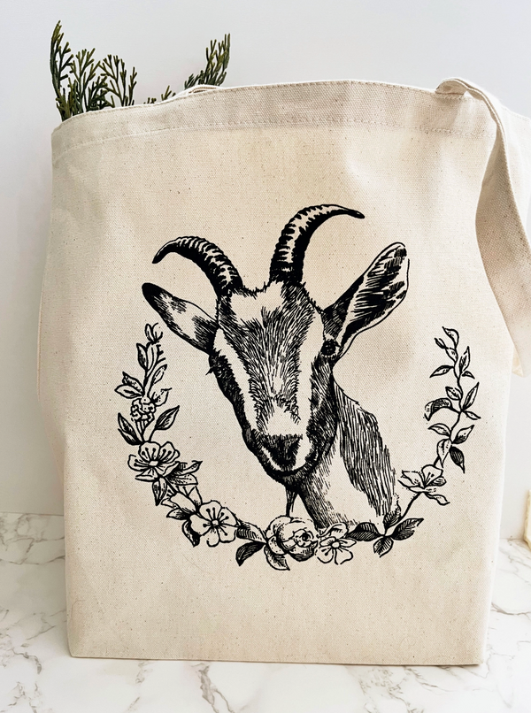 Goat with Flowers Cotton Canvas Tote Bag