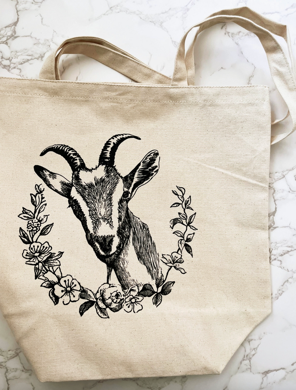 Goat with Flowers Cotton Canvas Tote Bag