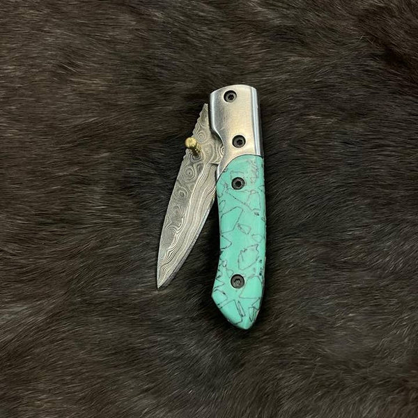 Azureglide Damascus Steel Turquoise (Resin) Pocket Knife