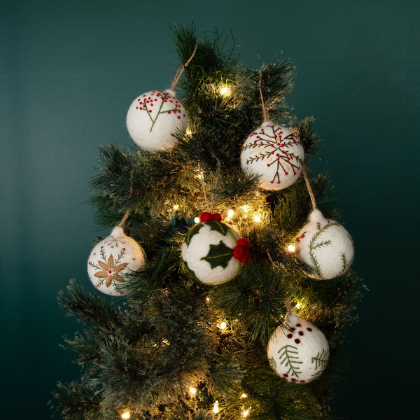 Holiday Felt Ball Hand Embroidered White Assorted Ornament