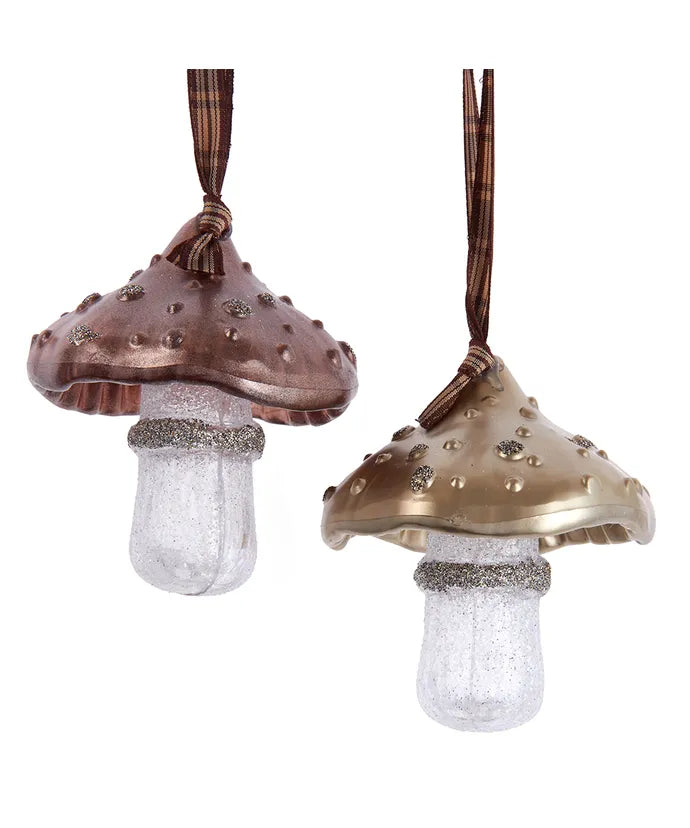 3.6" Rustic Glam Mushroom Ornament- Plaid RIbbon Assortment